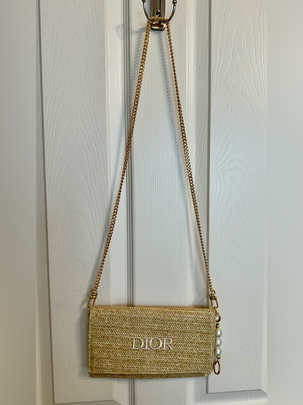 DIOR Beauty VIP GWP Gold Straw Crossbody Bag with Pearl Charm